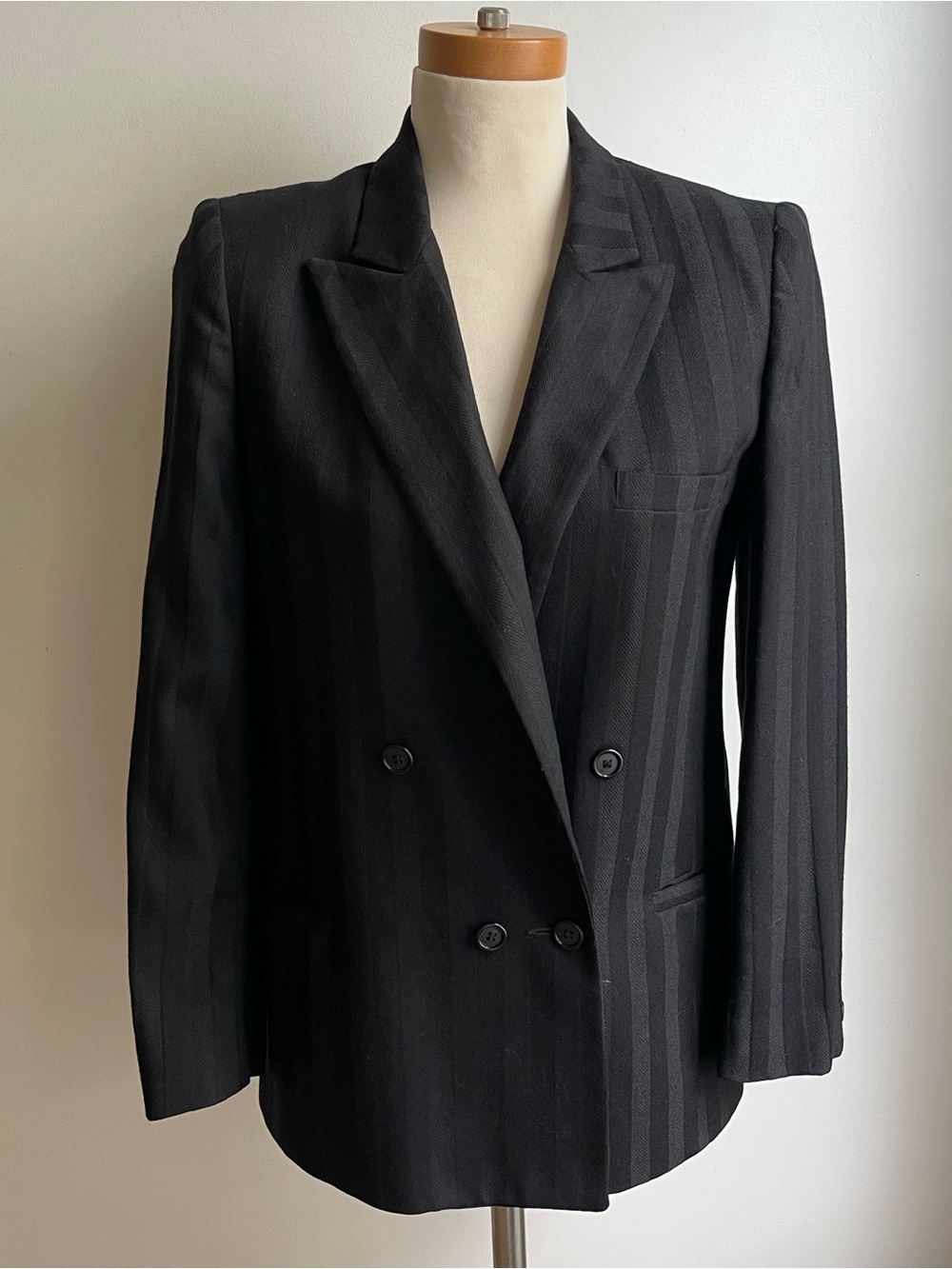 Vintage 80s Christian Dior Wool Blazer Double Breasted Black Stripe USA 6 Small
